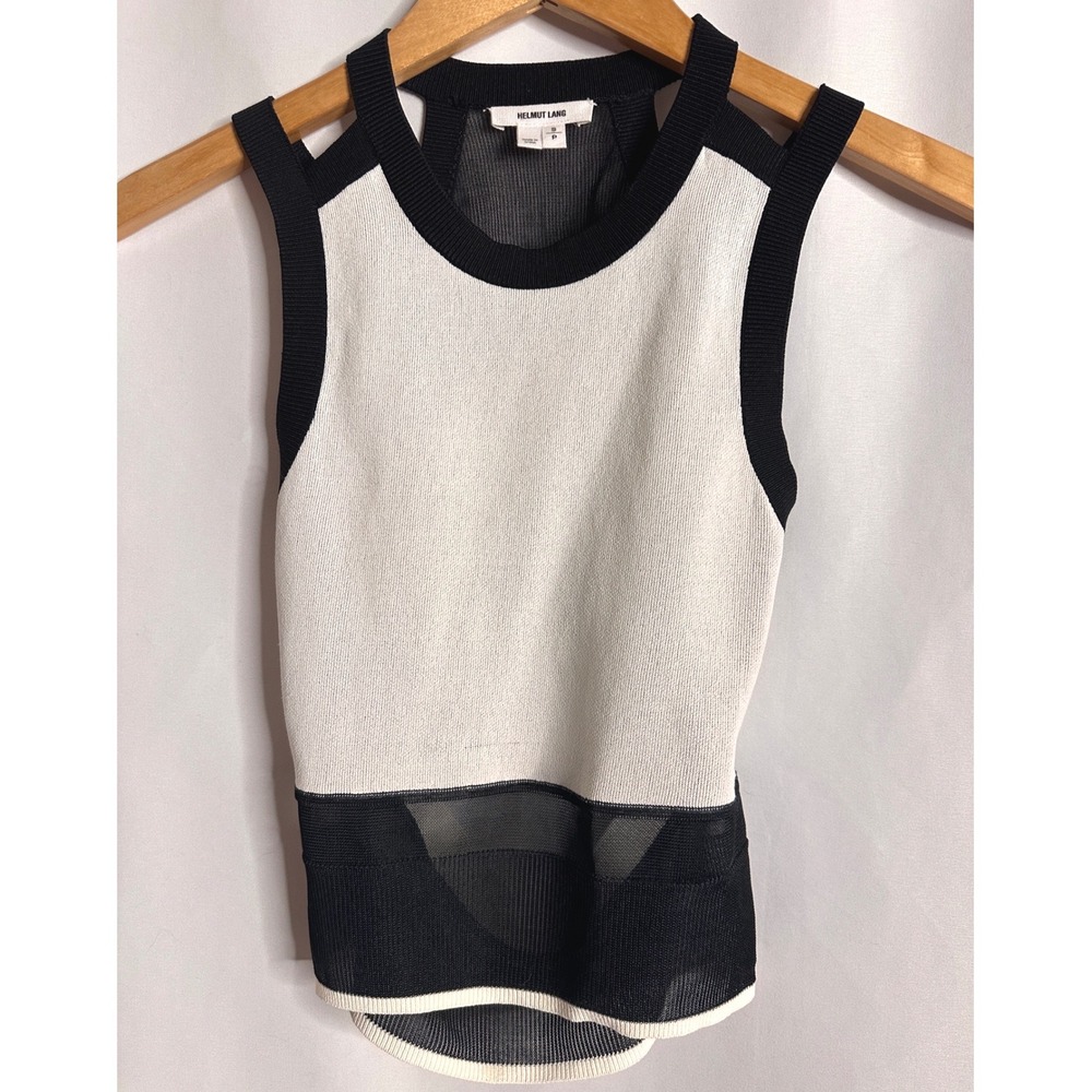HELMUT LANG S White Black Colorblock Sheer Back Knit Tank Top Sleeveless Mesh